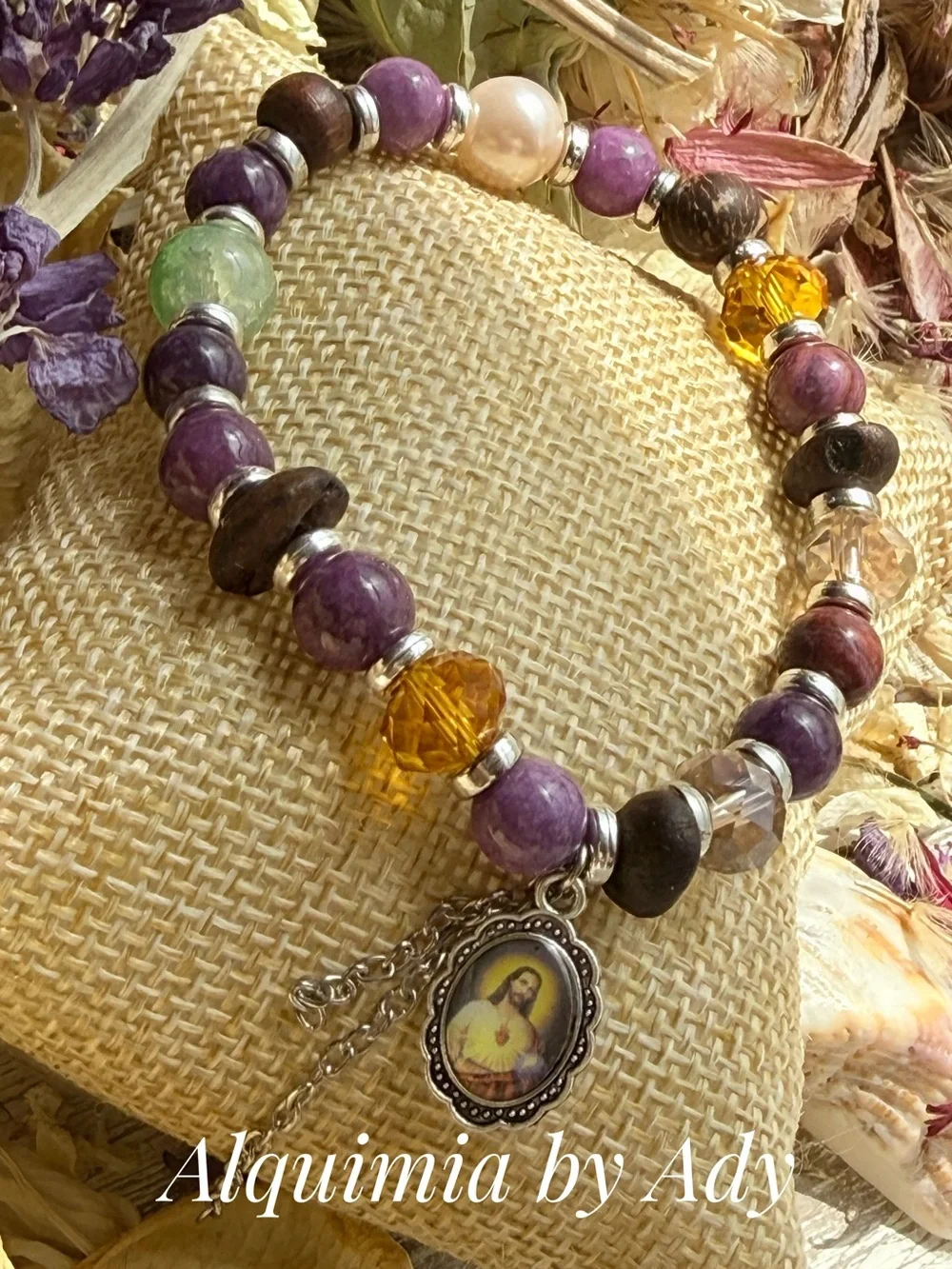 Purple turquoise and Gold Bead Charm Bracelet